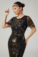 Load image into Gallery viewer, Sparkly Black Golden Beaded Fringed Flapper Dress with 20s Accessories Set