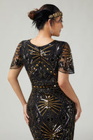 Load image into Gallery viewer, Sparkly Black Golden Beaded Fringed Flapper Dress with 20s Accessories Set