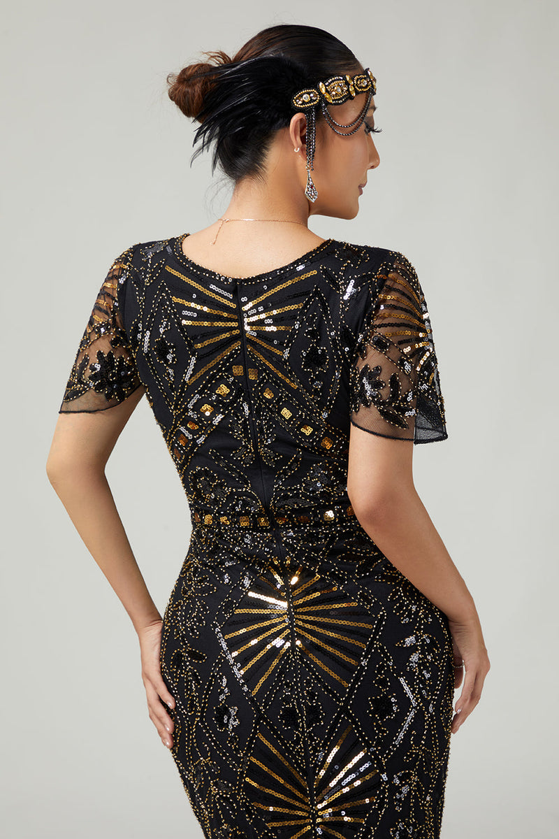 Load image into Gallery viewer, Sparkly Black Golden Beaded Fringed Flapper Dress with 20s Accessories Set
