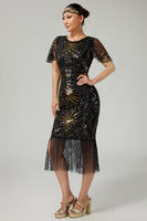 Load image into Gallery viewer, Sparkly Black Golden Beaded Fringed Flapper Dress with 20s Accessories Set