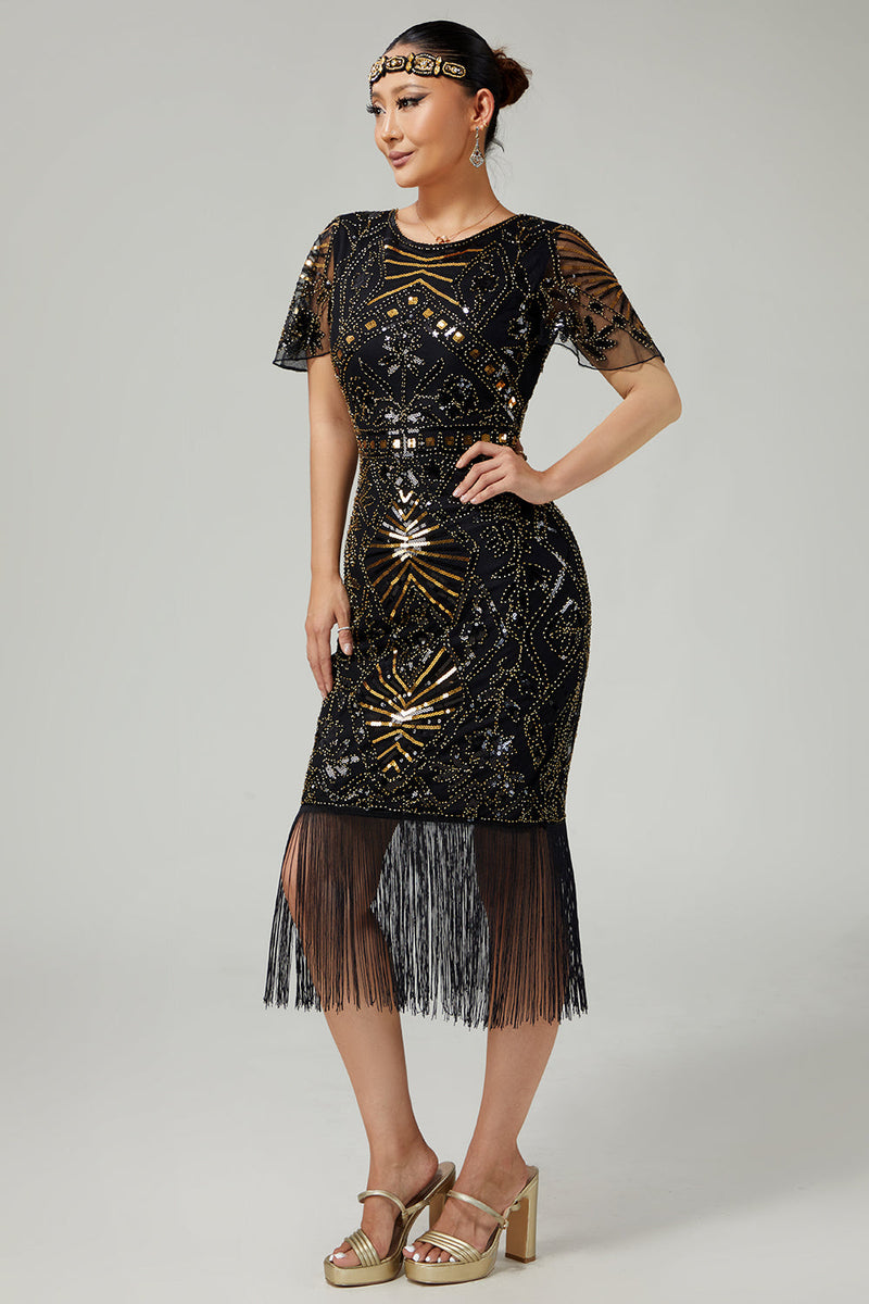 Load image into Gallery viewer, Sparkly Black Golden Beaded Fringed Flapper Dress with 20s Accessories Set