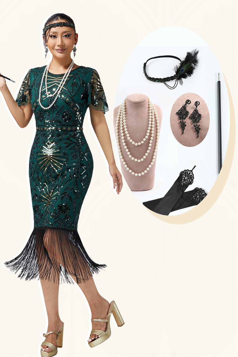 Sparkly Dark Green Bodycon Beaded Fringed Flapper Dress with 20s Accessories Set