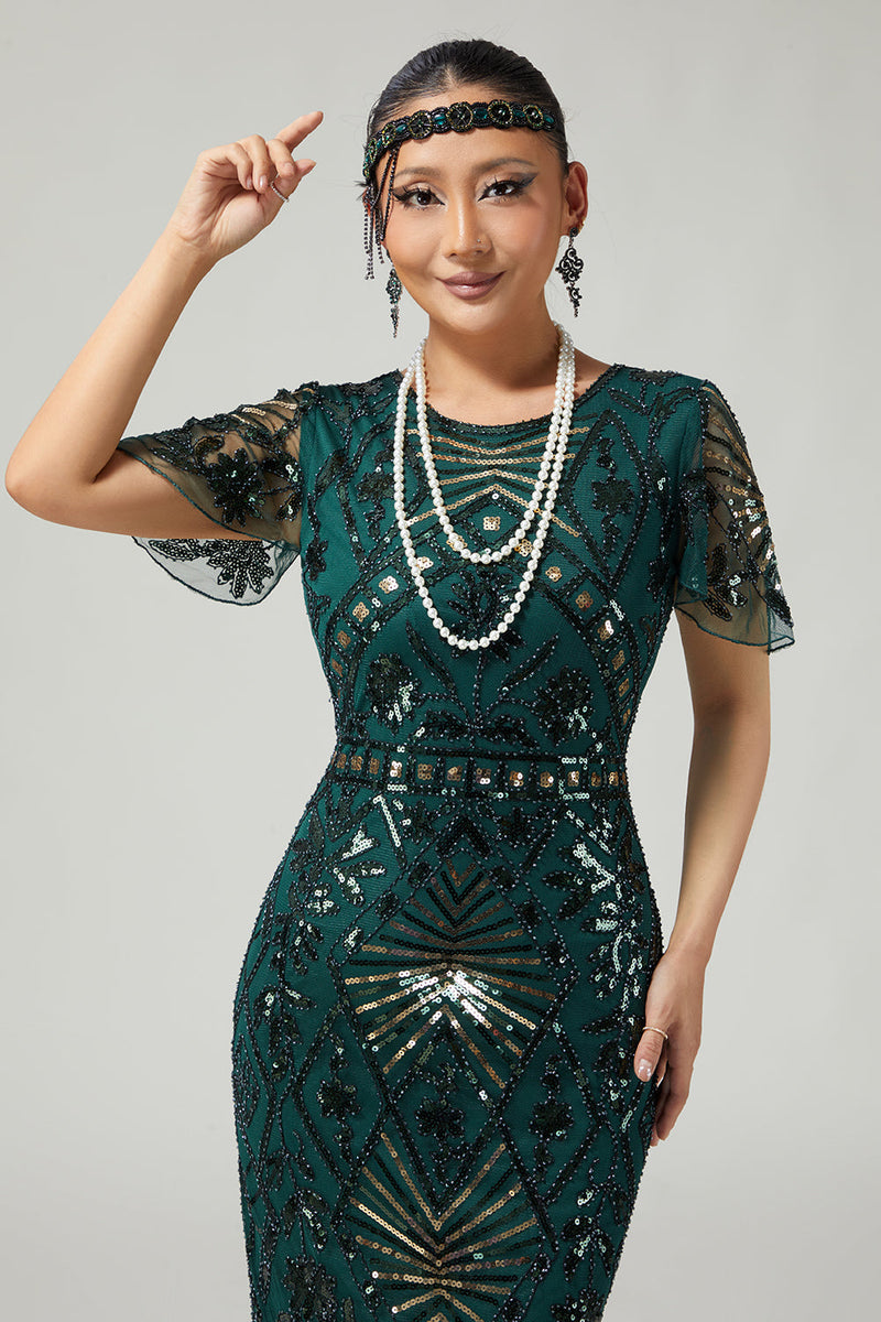Load image into Gallery viewer, Sparkly Dark Green Bodycon Beaded Fringed Flapper Dress with 20s Accessories Set