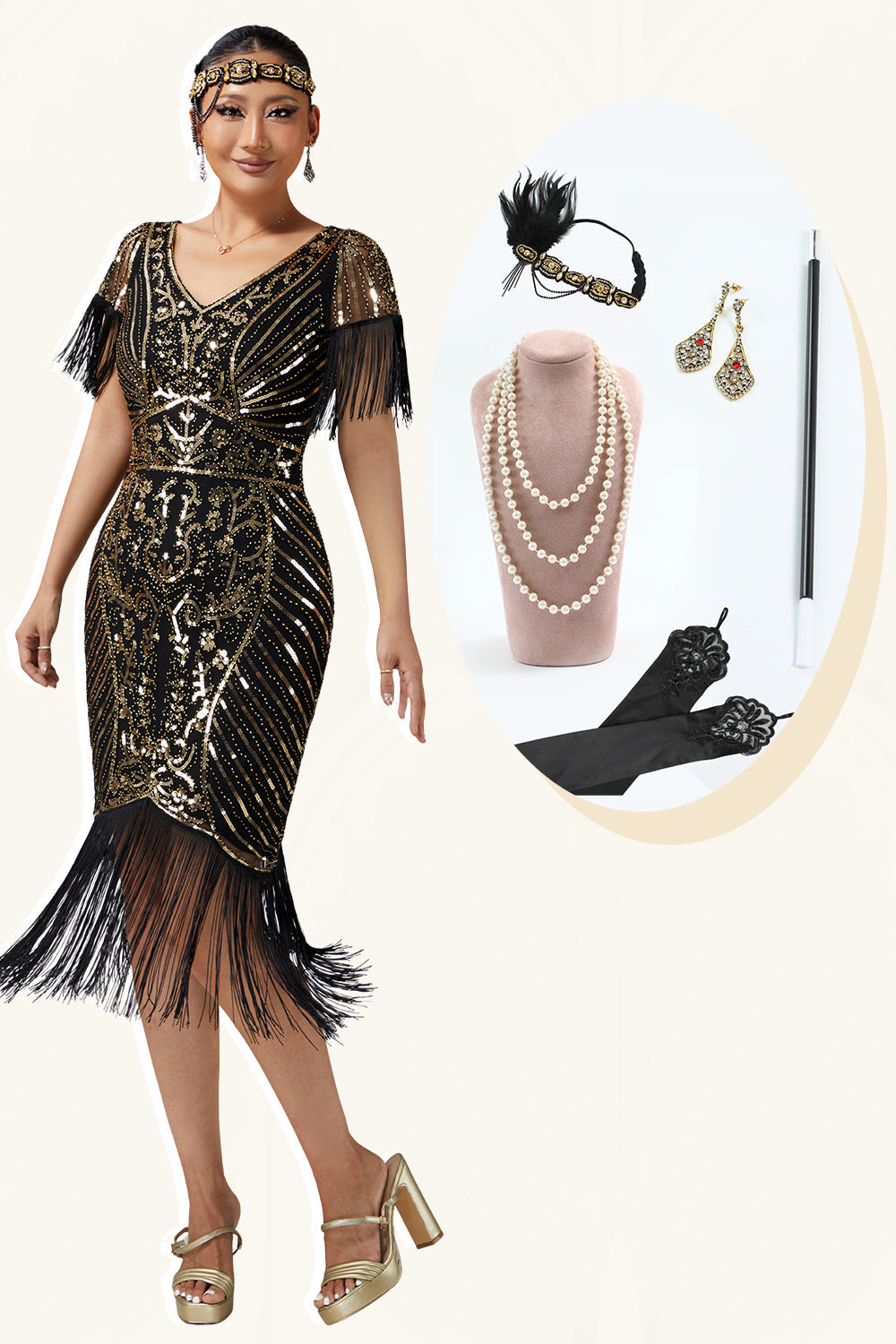 Sparkly Black Golden Bodycon Sequins V-Neck Flapper Dress with 20s Accessories Set