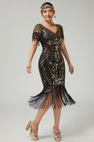 Load image into Gallery viewer, Sparkly Black Golden Bodycon Sequins V-Neck Flapper Dress with 20s Accessories Set