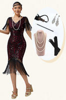 Load image into Gallery viewer, Sparkly Burgundy V-Neck Fringed Sequins Flapper Dress with 20s Accessories Set