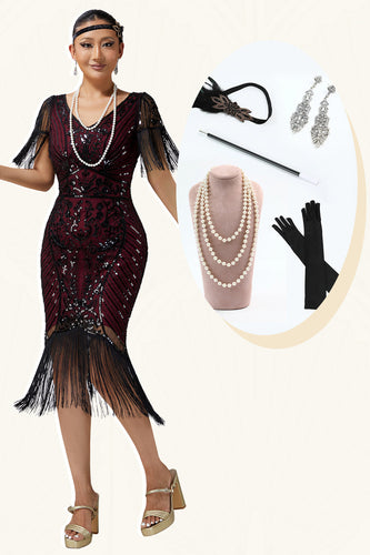 Sparkly Burgundy V-Neck Fringed Sequins Flapper Dress with 20s Accessories Set