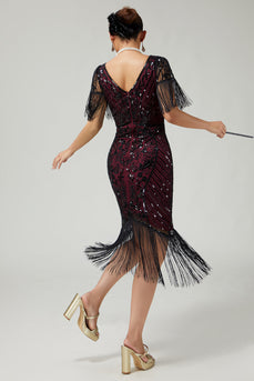 Sparkly Burgundy V-Neck Fringed Sequins Flapper Dress with 20s Accessories Set