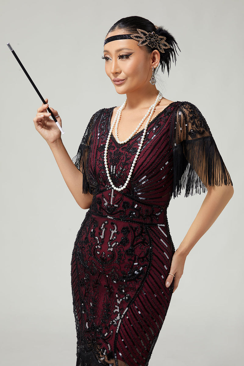 Load image into Gallery viewer, Sparkly Burgundy V-Neck Fringed Sequins Flapper Dress with 20s Accessories Set
