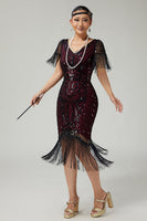 Load image into Gallery viewer, Sparkly Burgundy V-Neck Fringed Sequins Flapper Dress with 20s Accessories Set