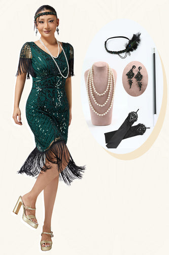 Sparkly Dark Green Sequins Bodycon Fringed Flapper Dress with 20s Accessories Set