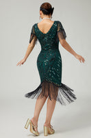 Load image into Gallery viewer, Sparkly Dark Green Sequins Bodycon Fringed Flapper Dress with 20s Accessories Set