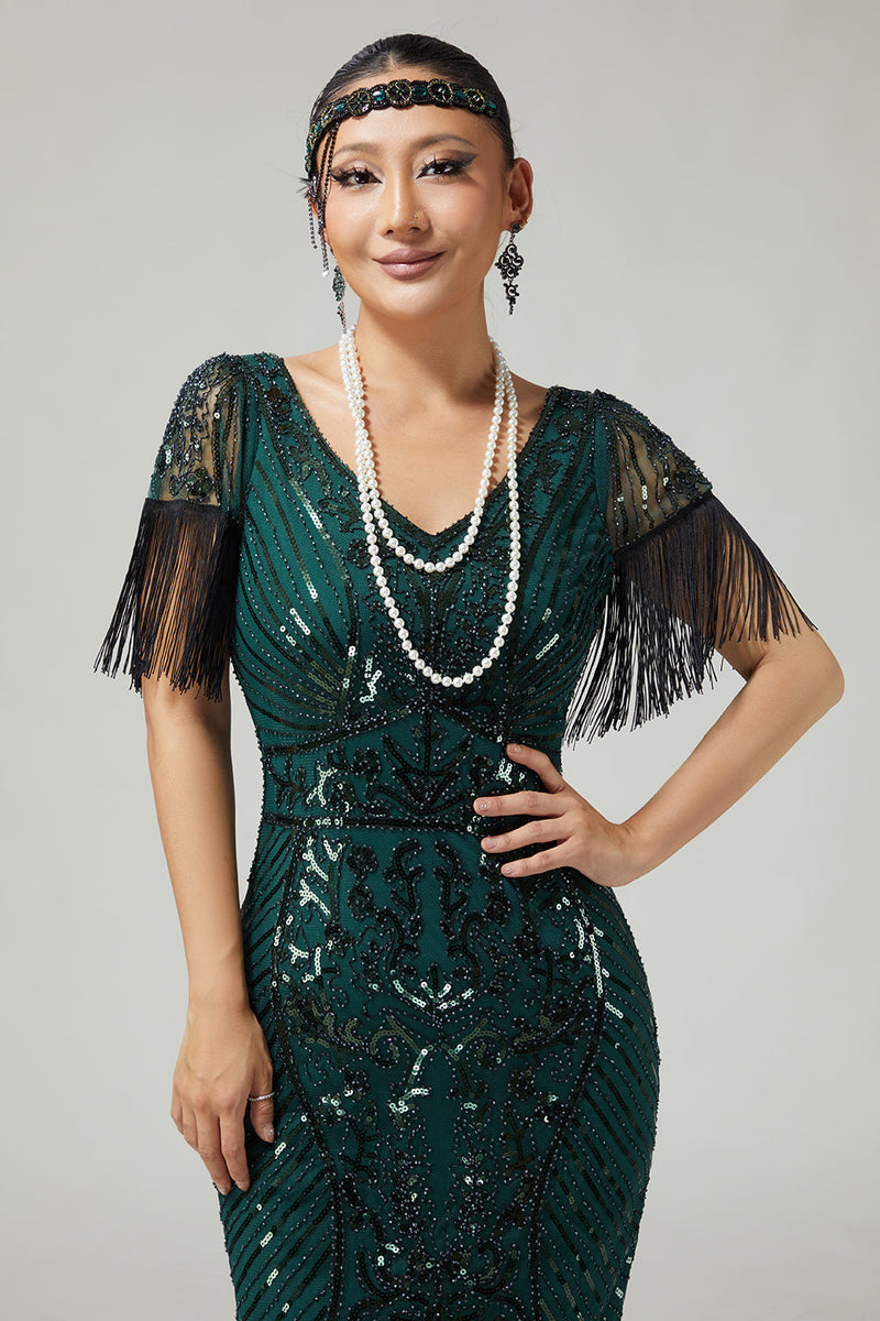 Load image into Gallery viewer, Sparkly Dark Green Sequins Bodycon Fringed Flapper Dress with 20s Accessories Set