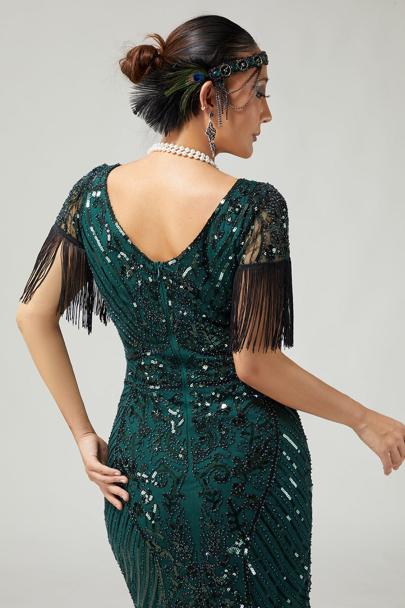 Load image into Gallery viewer, Sparkly Dark Green Sequins Bodycon Fringed Flapper Dress with 20s Accessories Set