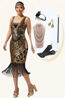Load image into Gallery viewer, Sparkly Black Golden Sequins Fringed 1920s Flapper Dress with 20s Accessories Set