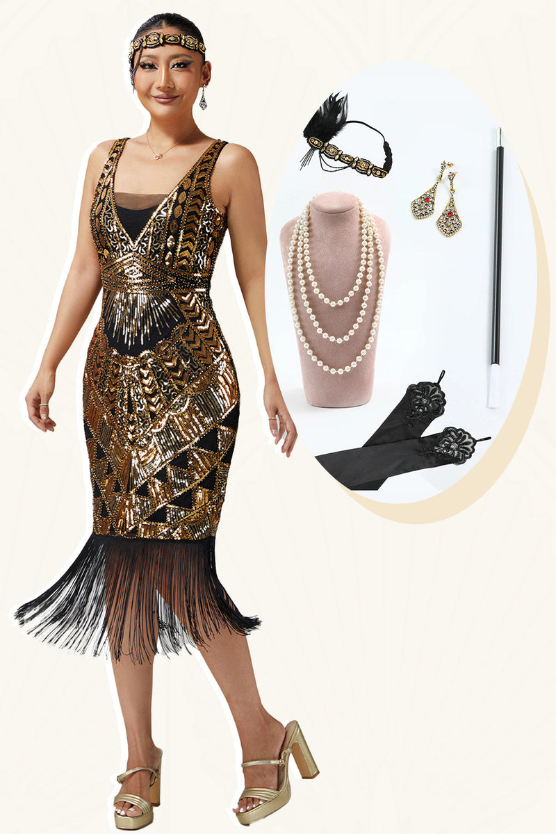 Load image into Gallery viewer, Sparkly Black Golden Sequins Fringed 1920s Flapper Dress with 20s Accessories Set