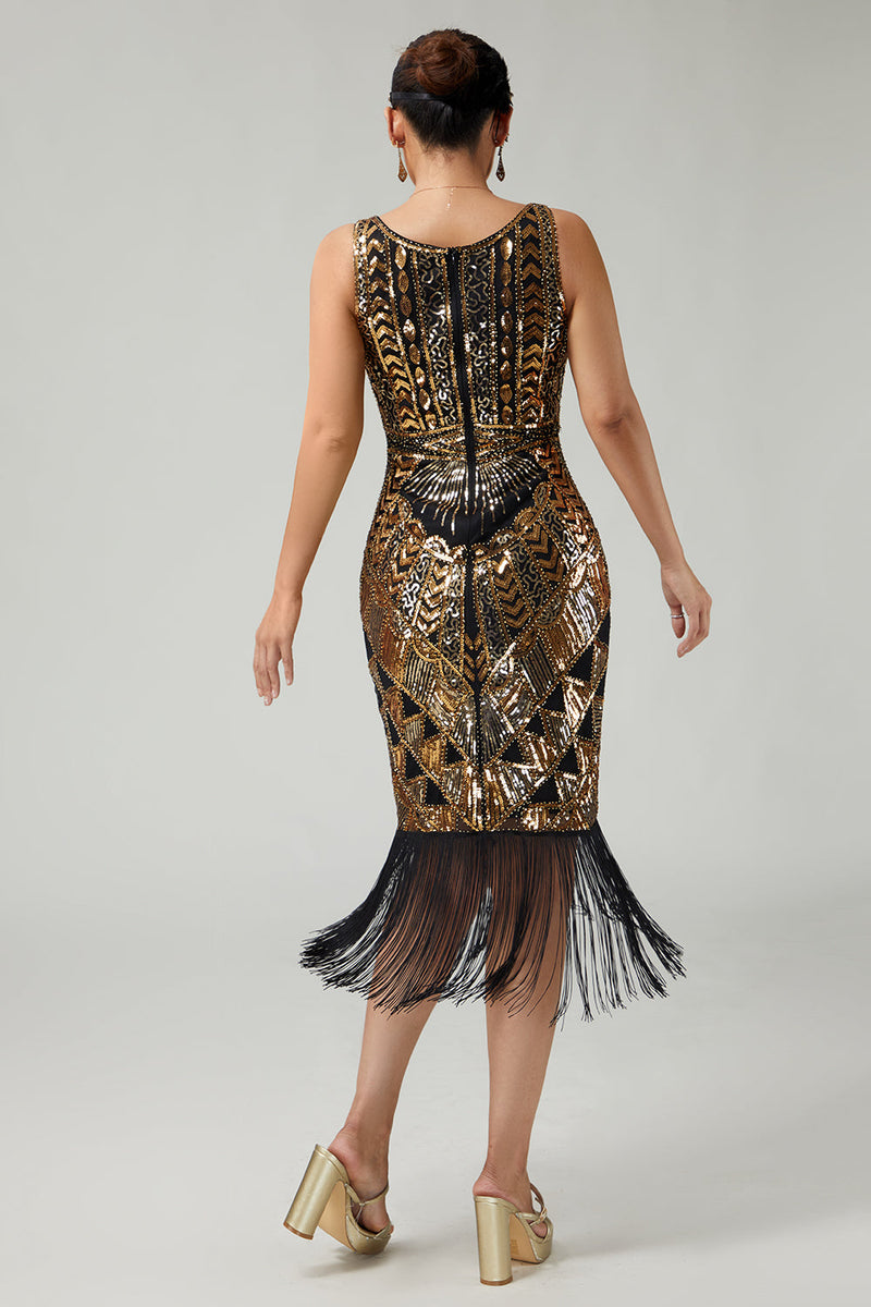 Load image into Gallery viewer, Sparkly Black Golden Sequins Fringed 1920s Flapper Dress with 20s Accessories Set