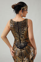 Load image into Gallery viewer, Sparkly Black Golden Sequins Fringed 1920s Flapper Dress with 20s Accessories Set