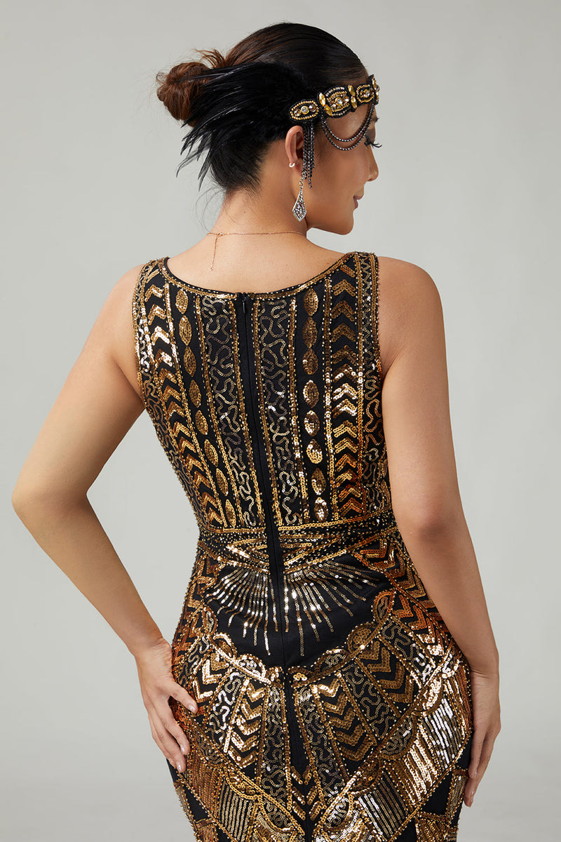Load image into Gallery viewer, Sparkly Black Golden Sequins Fringed 1920s Flapper Dress with 20s Accessories Set