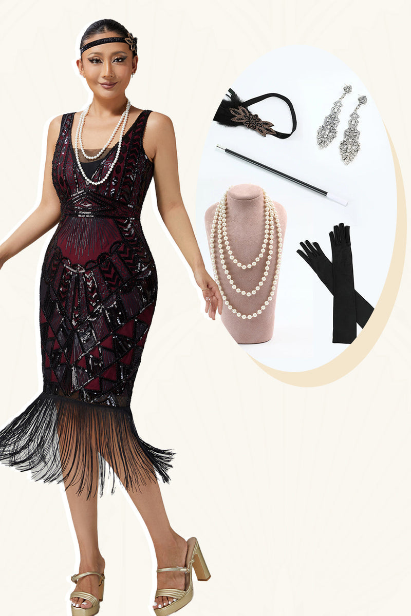 Load image into Gallery viewer, Sparkly Burgundy Sequins Scoop Neck Fringed Flapper Dress with 20s Accessories Set