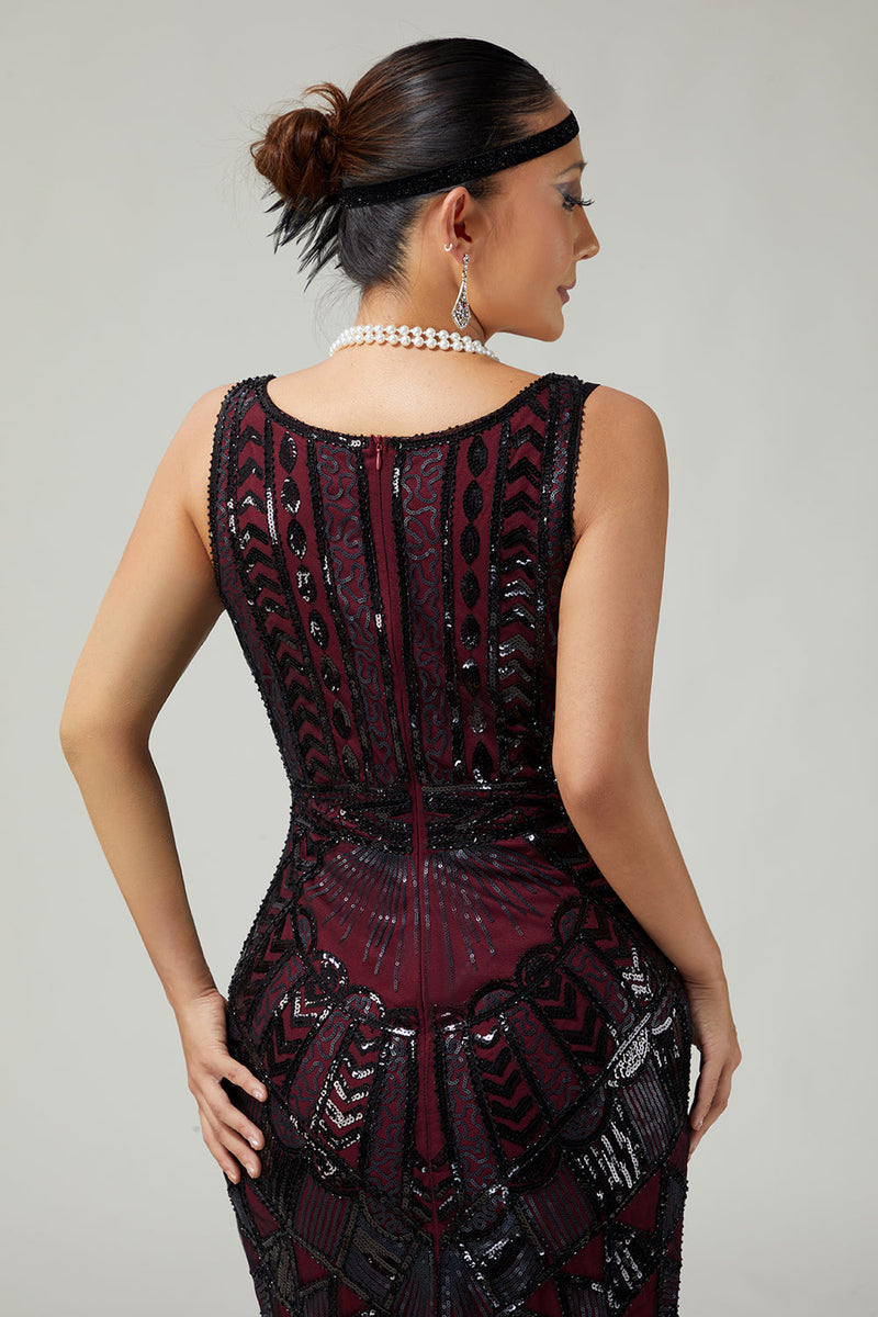 Load image into Gallery viewer, Sparkly Burgundy Sequins Scoop Neck Fringed Flapper Dress with 20s Accessories Set