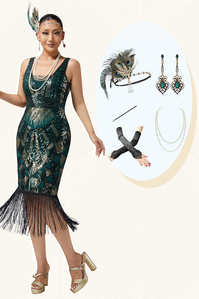 Load image into Gallery viewer, Sparkly Dark Green Fringed Scoop Neck Sleeveless Flapper Dress with 20s Accessories Set