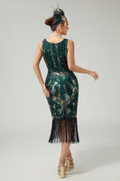 Load image into Gallery viewer, Sparkly Dark Green Fringed Scoop Neck Sleeveless Flapper Dress with 20s Accessories Set