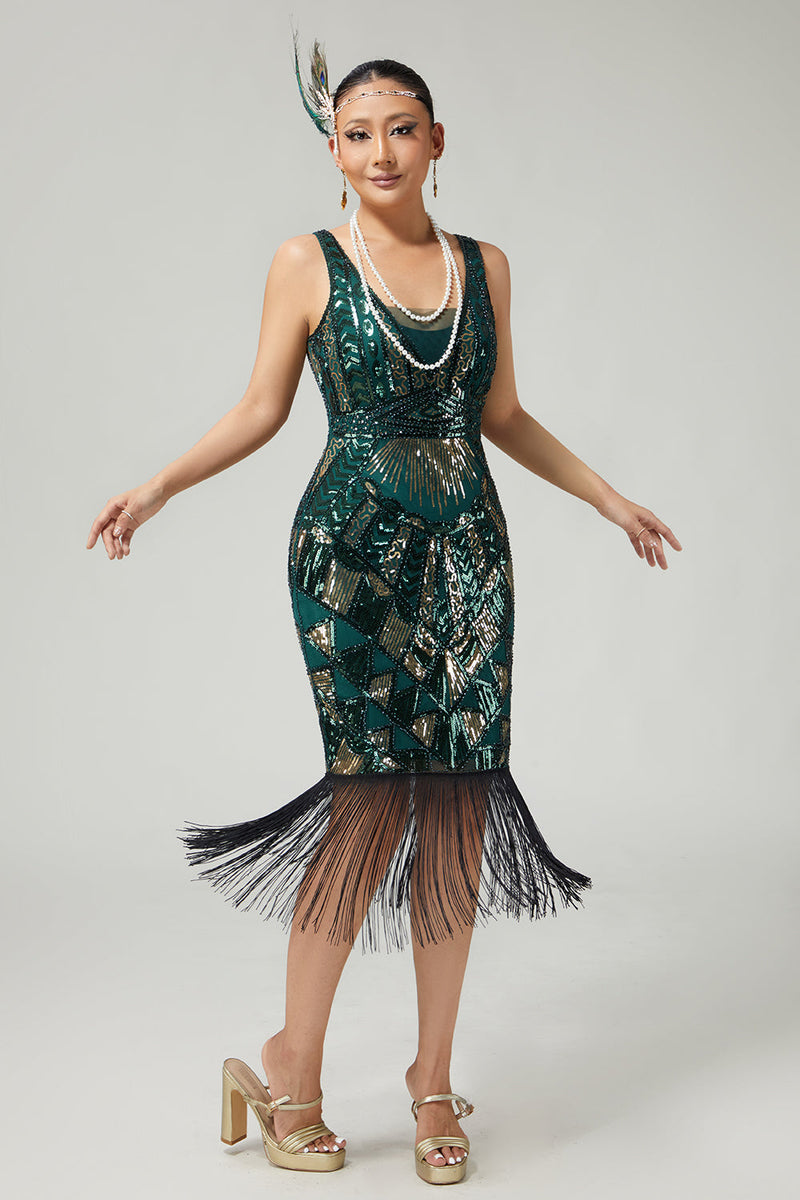 Load image into Gallery viewer, Sparkly Dark Green Fringed Scoop Neck Sleeveless Flapper Dress with 20s Accessories Set