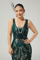 Load image into Gallery viewer, Sparkly Dark Green Fringed Scoop Neck Sleeveless Flapper Dress with 20s Accessories Set