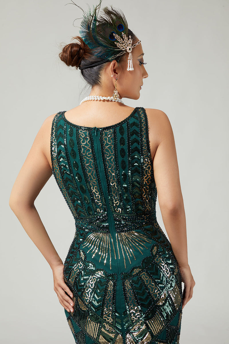 Load image into Gallery viewer, Sparkly Dark Green Fringed Scoop Neck Sleeveless Flapper Dress with 20s Accessories Set