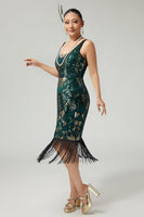 Load image into Gallery viewer, Sparkly Dark Green Fringed Scoop Neck Sleeveless Flapper Dress with 20s Accessories Set