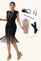 Load image into Gallery viewer, Sparkly Black Bodycon Beaded Sequins 1920s Flapper Dress with 20s Accessories Set