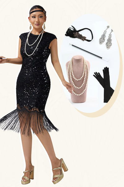 Sparkly Black Bodycon Beaded Sequins 1920s Flapper Dress with 20s Accessories Set