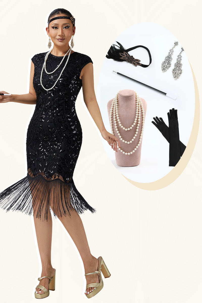 Load image into Gallery viewer, Sparkly Black Bodycon Beaded Sequins 1920s Flapper Dress with 20s Accessories Set