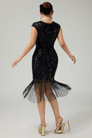 Load image into Gallery viewer, Sparkly Black Bodycon Beaded Sequins 1920s Flapper Dress with 20s Accessories Set