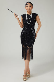 Sparkly Black Bodycon Beaded Sequins 1920s Flapper Dress with 20s Accessories Set