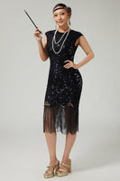 Load image into Gallery viewer, Sparkly Black Bodycon Beaded Sequins 1920s Flapper Dress with 20s Accessories Set
