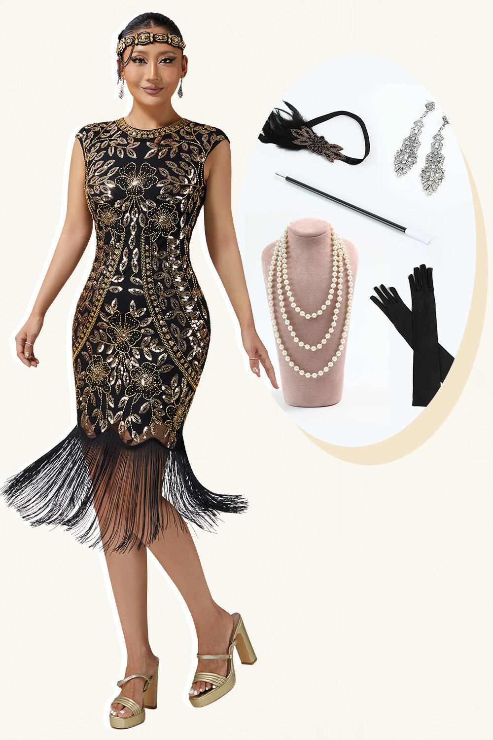 Sparkly Black Golden Round Neck Fringed Sequins Flapper Dress with 20s Accessories Set