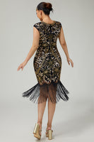 Load image into Gallery viewer, Sparkly Black Golden Round Neck Fringed Sequins Flapper Dress with 20s Accessories Set