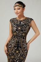 Load image into Gallery viewer, Sparkly Black Golden Round Neck Fringed Sequins Flapper Dress with 20s Accessories Set