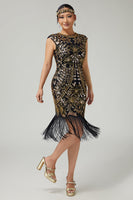 Load image into Gallery viewer, Sparkly Black Golden Round Neck Fringed Sequins Flapper Dress with 20s Accessories Set
