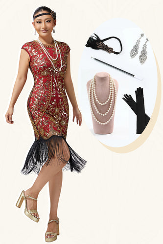 Sparkly Red Golden Fringed Sequins Bodycon Flapper Dress with 20s Accessories Set