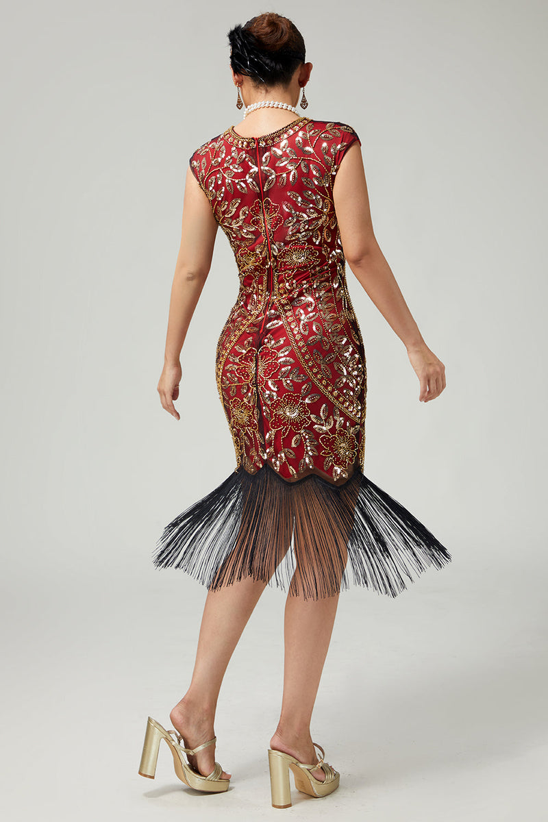Load image into Gallery viewer, Sparkly Red Golden Fringed Sequins Bodycon Flapper Dress with 20s Accessories Set