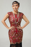 Load image into Gallery viewer, Sparkly Red Golden Fringed Sequins Bodycon Flapper Dress with 20s Accessories Set
