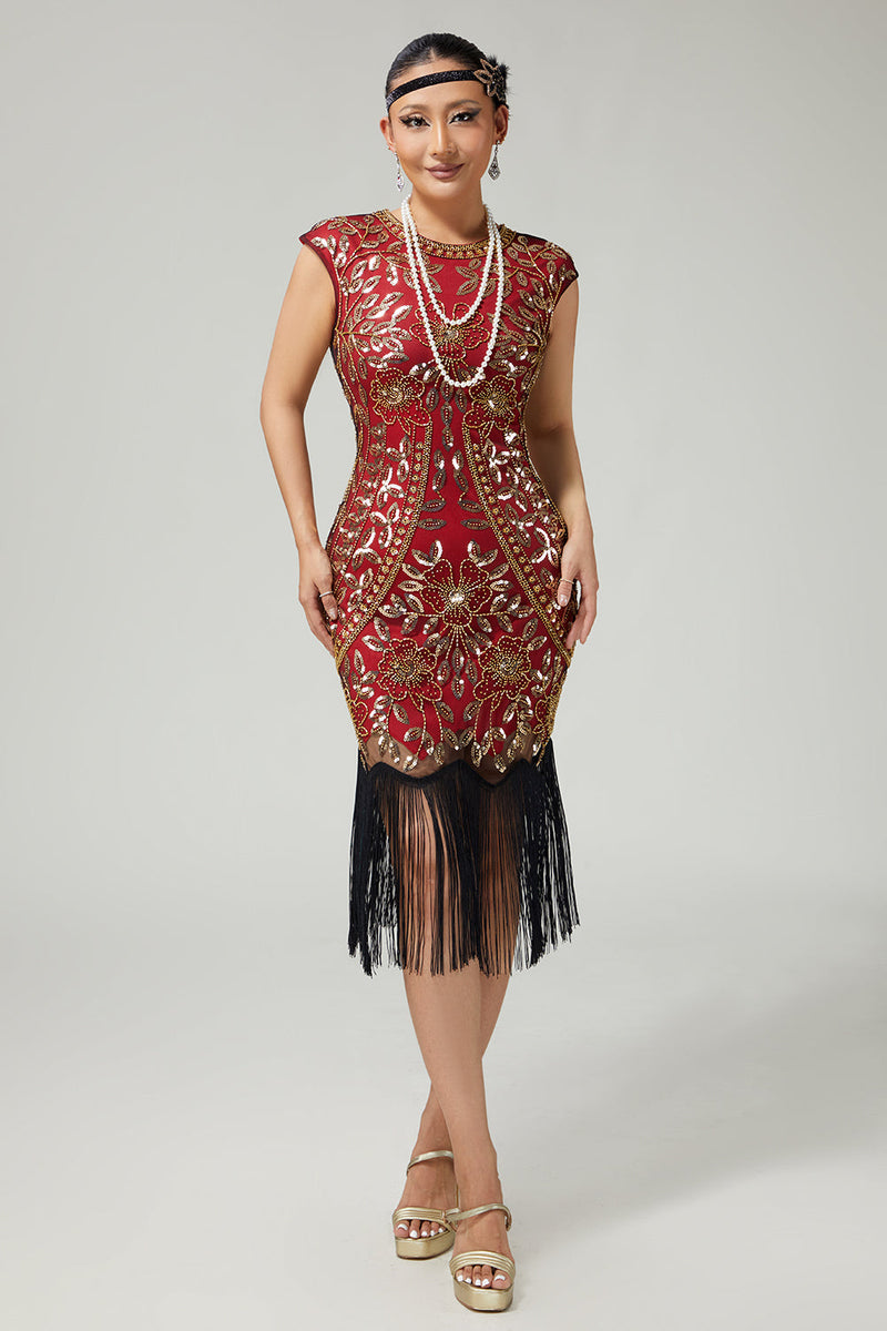 Load image into Gallery viewer, Sparkly Red Golden Fringed Sequins Bodycon Flapper Dress with 20s Accessories Set