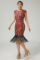 Load image into Gallery viewer, Sparkly Red Golden Fringed Sequins Bodycon Flapper Dress with 20s Accessories Set
