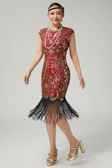 Sparkly Red Golden Fringed Sequins Bodycon Flapper Dress with 20s Accessories Set
