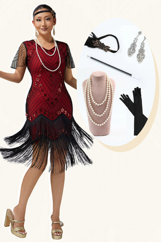 Sparkly Black Red Sequins Beaded Short Sleeves Flapper Dress with 20s Accessories Set