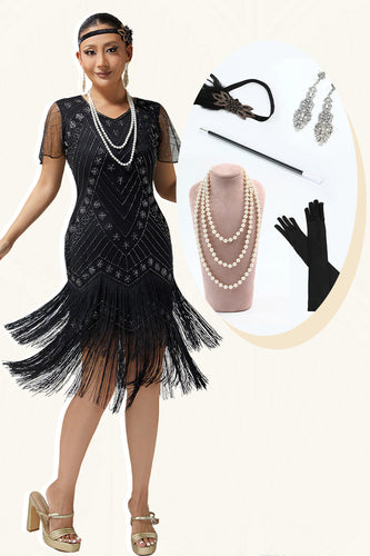Sparkly Black Silver Fringed V-Neck Beaded Flapper Dress with 20s Accessories Set