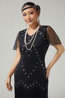 Load image into Gallery viewer, Sparkly Black Silver Fringed V-Neck Beaded Flapper Dress with 20s Accessories Set